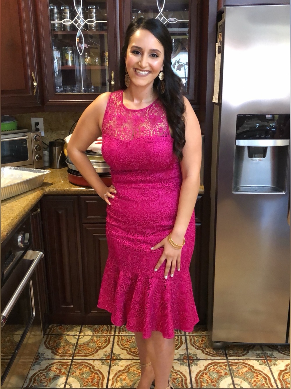 Eliza J Fuchsia Lace Midi Dress with Flounce Hem